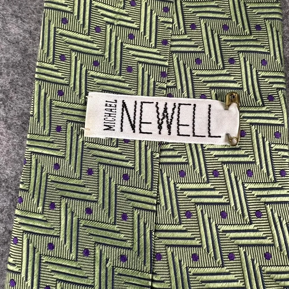 Michael Newell Mens Tie Green Purple Geometric Zig Zag Polka Dot Silk Neckwear